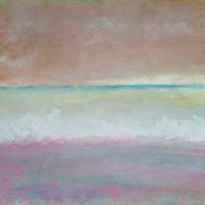 Abstract painting of a beach featuring vibrant pink and blue hues, evoking a serene coastal atmosphere.