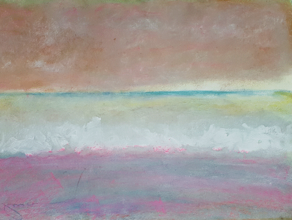Abstract painting of a beach featuring vibrant pink and blue hues, evoking a serene coastal atmosphere.