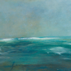 A painting depicting the ocean with rolling waves and fluffy clouds in a serene blue sky.