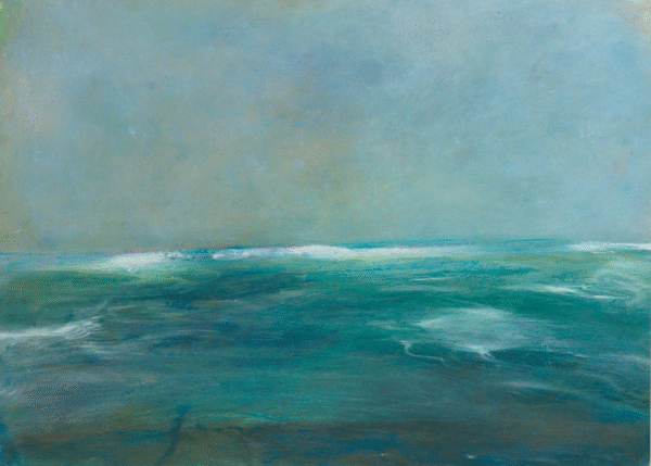A painting depicting the ocean with rolling waves and fluffy clouds in a serene blue sky.