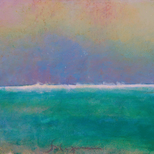 Abstract painting depicting the ocean under a vibrant yellow sky, blending colors to evoke a sense of tranquility.