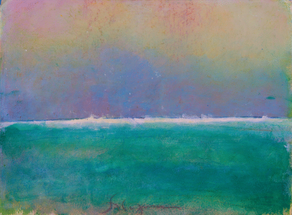 Abstract painting depicting the ocean under a vibrant yellow sky, blending colors to evoke a sense of tranquility.