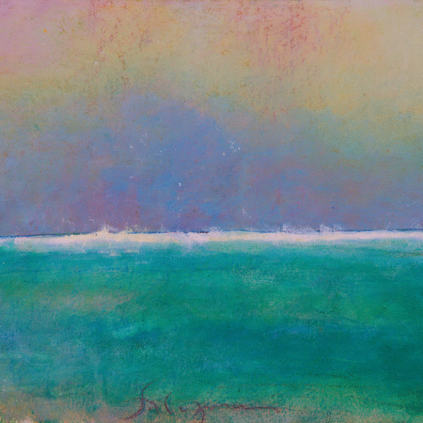 Abstract painting depicting the ocean under a vibrant yellow sky, blending colors to evoke a sense of tranquility.