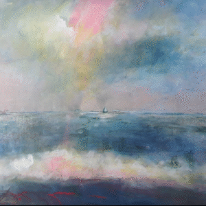 A vibrant painting of a boat sailing in the ocean beneath a colorful rainbow arching across the sky.