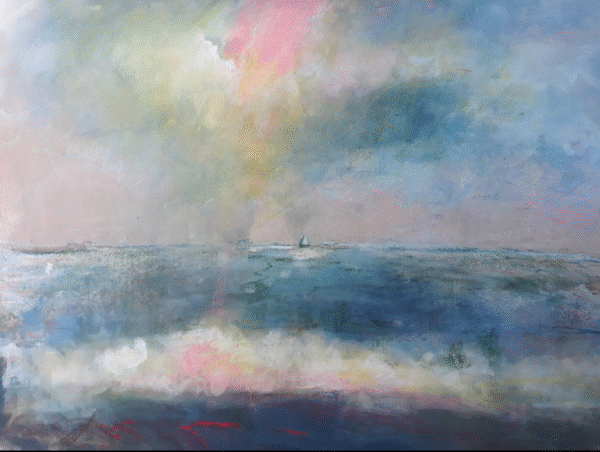 A vibrant painting of a boat sailing in the ocean beneath a colorful rainbow arching across the sky.