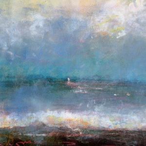 Abstract painting of the ocean featuring a distant lighthouse, with vibrant blues and swirling textures representing waves.