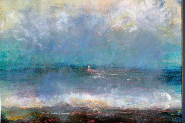 Abstract painting of the ocean featuring a distant lighthouse, with vibrant blues and swirling textures representing waves.
