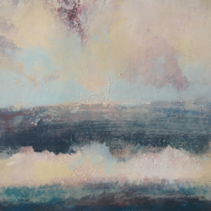 Abstract painting featuring swirling waves and soft clouds in a harmonious blend of colors.