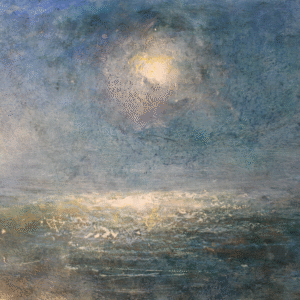 A painting depicting a moonlit sea illuminated by a bright sun shining above the water's surface.