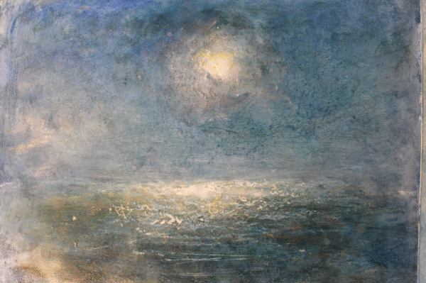 A painting depicting a moonlit sea illuminated by a bright sun shining above the water's surface.