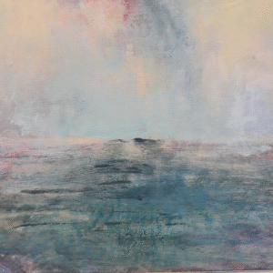 Abstract painting depicting the ocean under a bright blue sky, featuring swirling shades of blue and white.