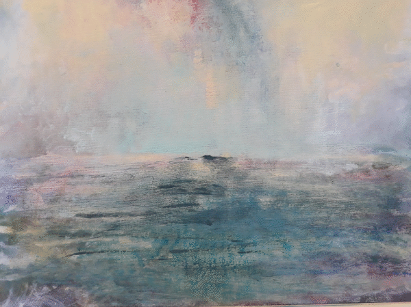 Abstract painting depicting the ocean under a bright blue sky, featuring swirling shades of blue and white.