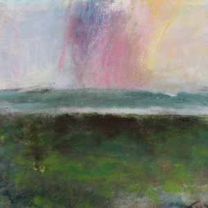 A vibrant painting of a lush field under a bright rainbow arching across a clear blue sky.