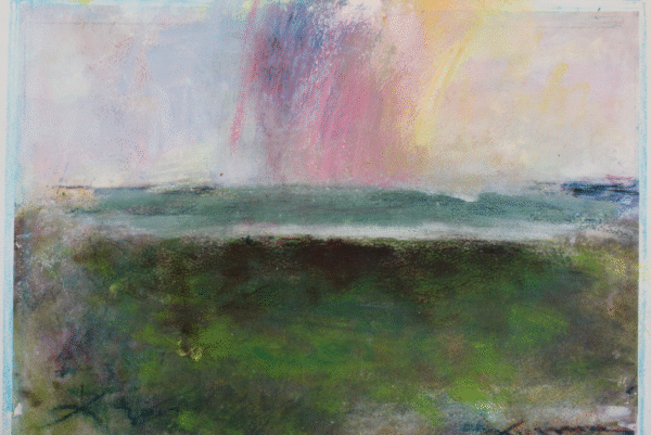 A vibrant painting of a lush field under a bright rainbow arching across a clear blue sky.