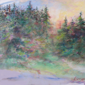 A colorful forest painting showcasing various trees and a carpet of grass, evoking a peaceful natural setting.