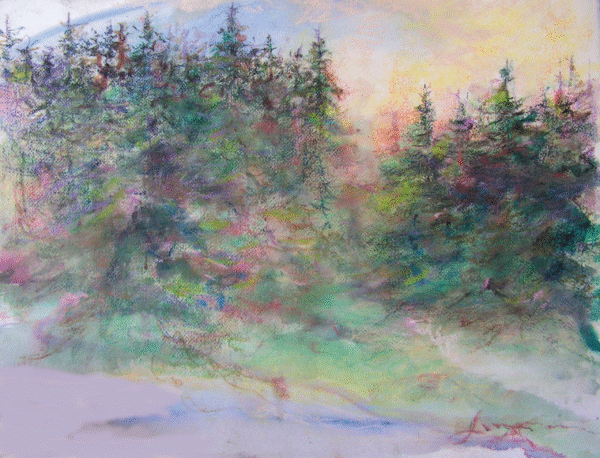 A colorful forest painting showcasing various trees and a carpet of grass, evoking a peaceful natural setting.
