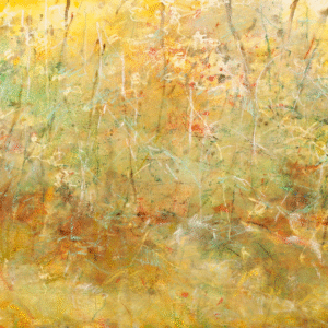 An oil painting depicting a vibrant field filled with lush grass and colorful flowers under a clear blue sky.