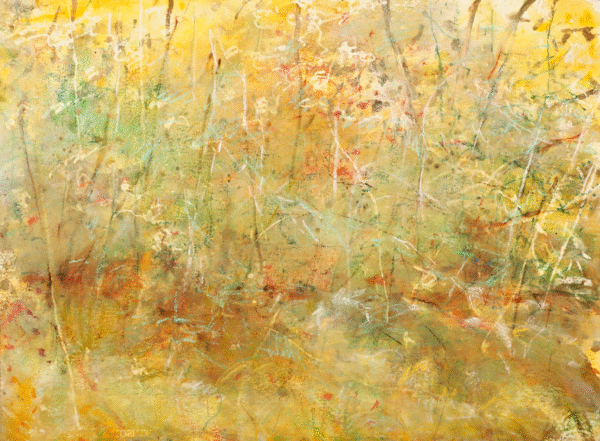 An oil painting depicting a vibrant field filled with lush grass and colorful flowers under a clear blue sky.
