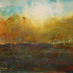 Abstract painting depicting a vibrant field with stylized trees under a colorful sky.