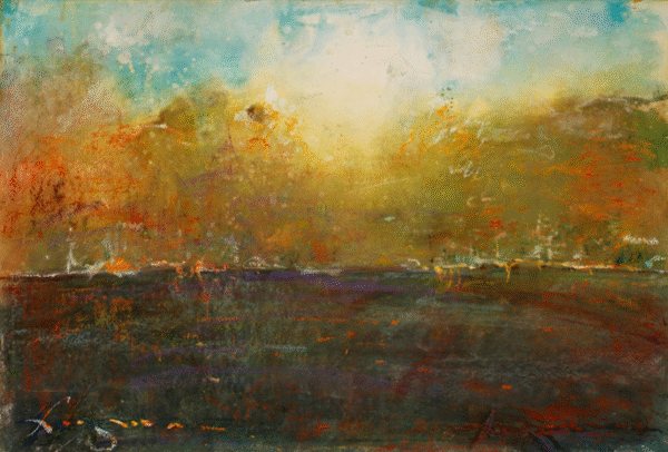 Abstract painting depicting a vibrant field with stylized trees under a colorful sky.