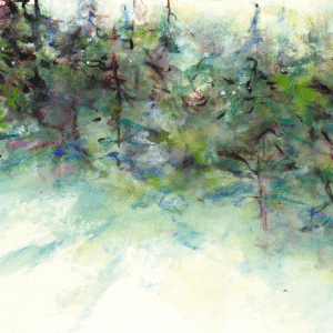 A tranquil snowy forest scene, showcasing trees covered in snow, creating a peaceful winter atmosphere.