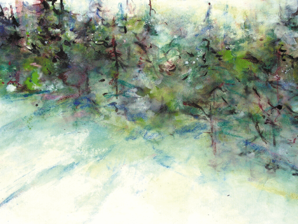 A tranquil snowy forest scene, showcasing trees covered in snow, creating a peaceful winter atmosphere.