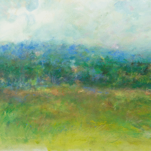A painting depicting a serene field with lush grass and scattered trees under a clear blue sky.