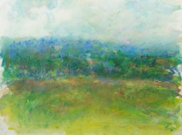 A painting depicting a serene field with lush grass and scattered trees under a clear blue sky.