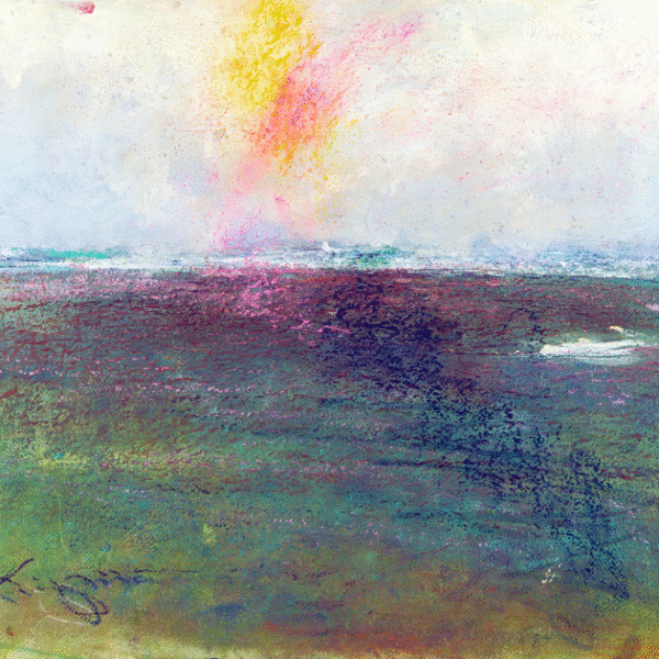 A painting depicting a serene field with a vibrant sunset casting warm colors across the landscape.