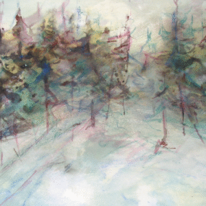 A vibrant painting showcasing a grassy field dotted with trees, capturing the essence of nature's tranquility.