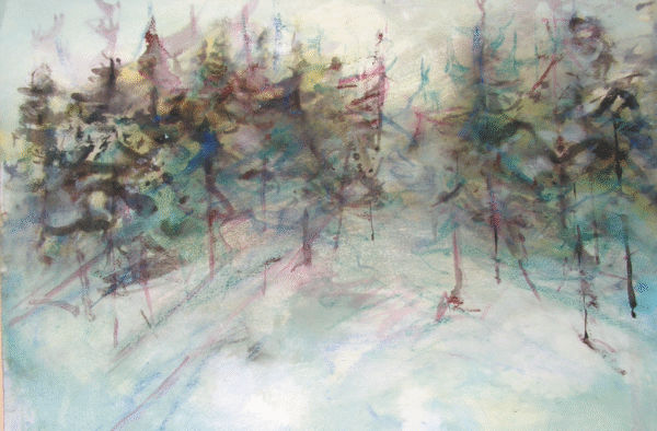 A vibrant painting showcasing a grassy field dotted with trees, capturing the essence of nature's tranquility.