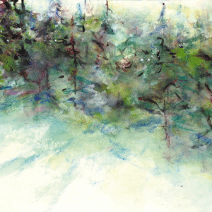 An artistic representation of a field filled with grass and trees, illustrating a peaceful outdoor landscape.