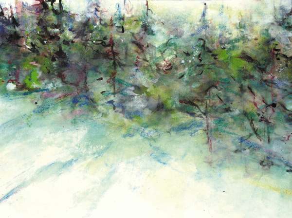 An artistic representation of a field filled with grass and trees, illustrating a peaceful outdoor landscape.