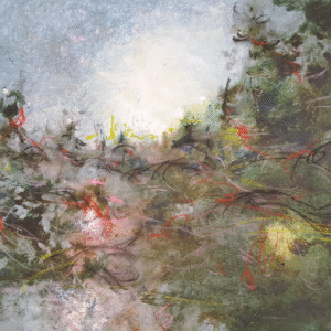 An abstract painting featuring a vibrant mix of colors and dynamic shapes, creating an energetic visual experience.