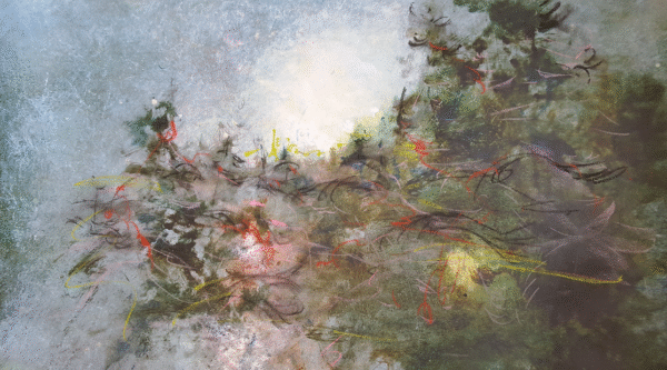 An abstract painting featuring a vibrant mix of colors and dynamic shapes, creating an energetic visual experience.