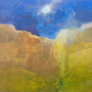 A painting depicting a mountain under a clear blue sky, showcasing natural beauty and tranquility.