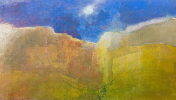 A painting depicting a mountain under a clear blue sky, showcasing natural beauty and tranquility.