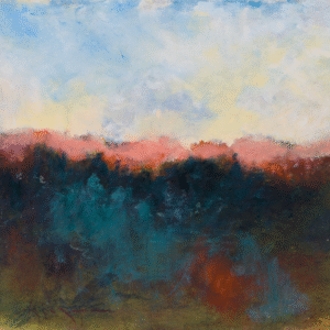 An abstract artwork depicting a blue sky above trees in shades of orange and red, creating a vivid landscape.
