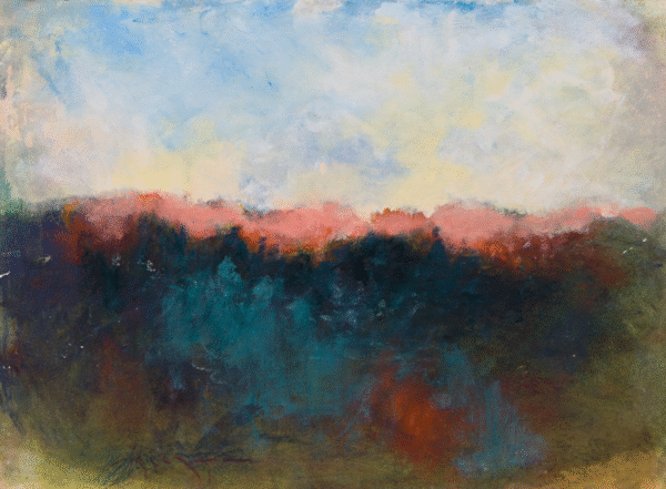 An abstract artwork depicting a blue sky above trees in shades of orange and red, creating a vivid landscape.