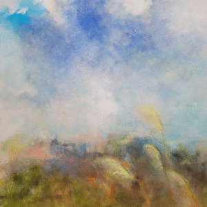 Abstract painting featuring a blue sky with vibrant orange and red trees in the foreground.