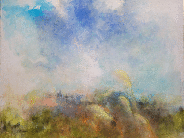 Abstract painting featuring a blue sky with vibrant orange and red trees in the foreground.