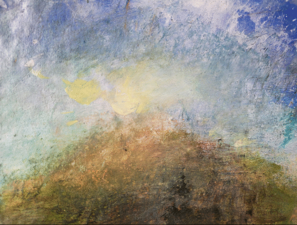 A painting of a serene landscape displayed on an easel, showcasing vibrant colors and natural scenery.