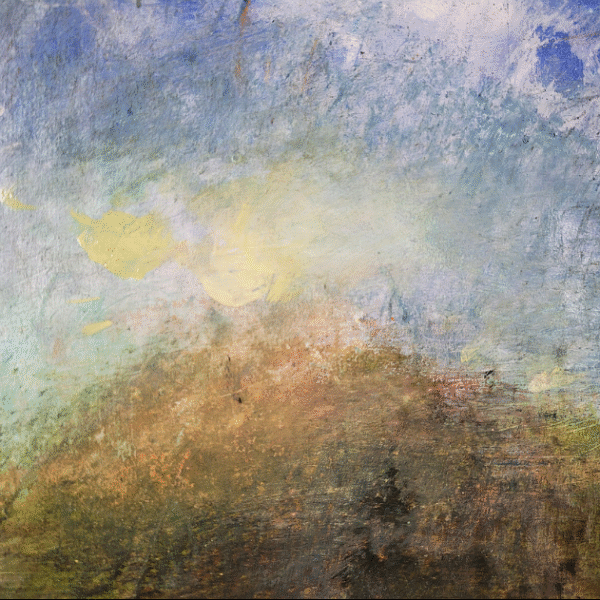 A painting of a serene landscape displayed on an easel, showcasing vibrant colors and natural scenery.