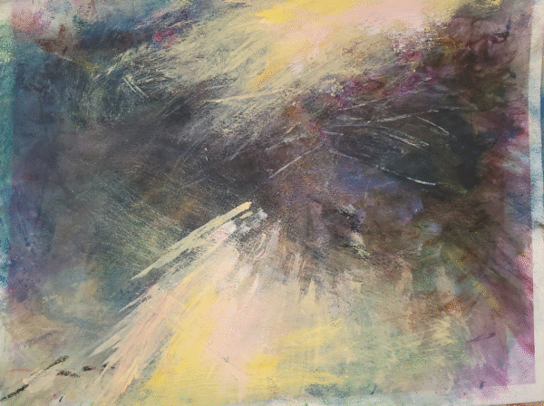 An abstract artwork showcasing a harmonious mix of yellow, blue, and purple hues in a fluid, expressive design.
