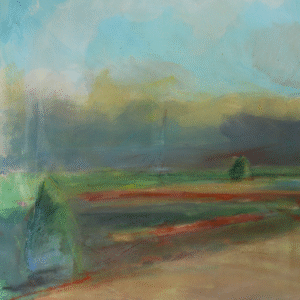 A serene painting depicting a lush field with trees under a clear blue sky.