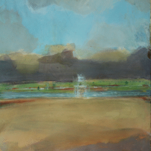 A painting depicting a vibrant field with a central water fountain surrounded by lush greenery.