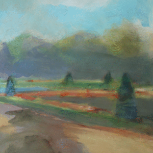 A serene painting depicting a lush field with trees and rolling hills under a clear blue sky.