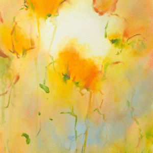 A vibrant painting of yellow flowers blooming in a sunny field, showcasing nature's beauty and tranquility.