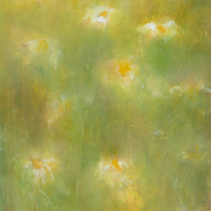 An artistic representation of a field adorned with cheerful daisies, illustrating the beauty of a bright, sunny landscape.
