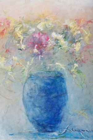 An artwork featuring a blue vase adorned with a variety of blooming flowers.